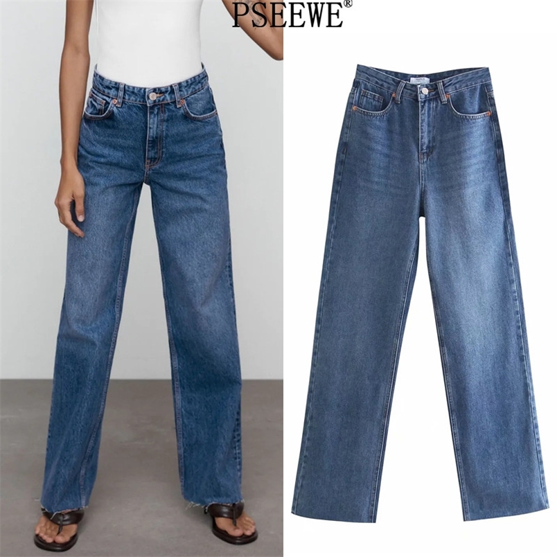 

Woman Jeans Blue High Waist Wide Leg Female Fashion Faded Effect Seamless Hems Black Vintage Pants 210519