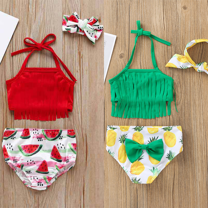 

Baby Swim Swimsuit Two-Pieces Tassel Hanging Neck Kids Swimsuits Watermelon Pineapple Print Baby Girls Swimware Headband 3 Piece Set, Blue