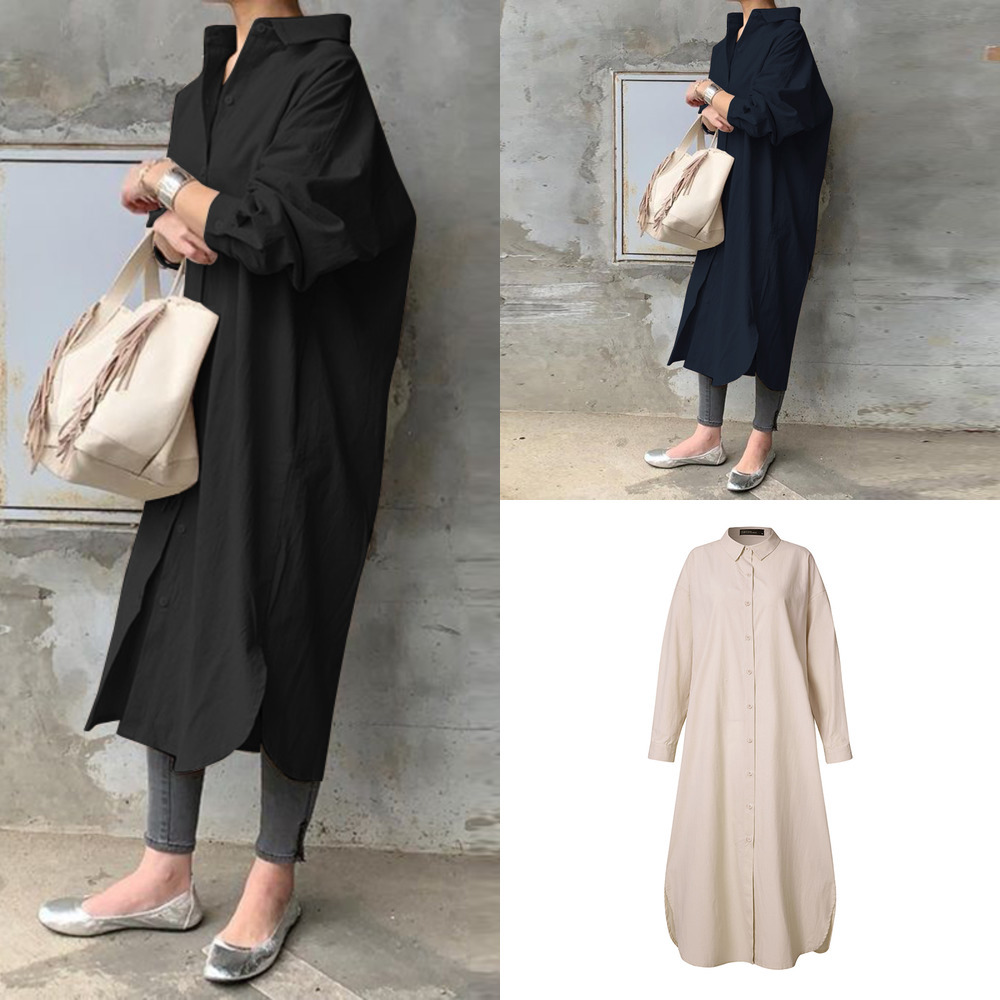 

ZANZEA Plus Size Women Summer Sundress Elegant Long Shirt Dress Lapel Neck Long Sleeve Solid Vestido Casual Loose Work Dresses X0705, Black