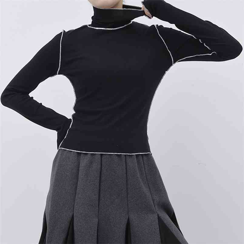 

[EAM] Spring Autumn High Collar Long Sleeve Solid Color Black Reffles Split Joint Loose T-shirt Women Fashion JE155 210708, White