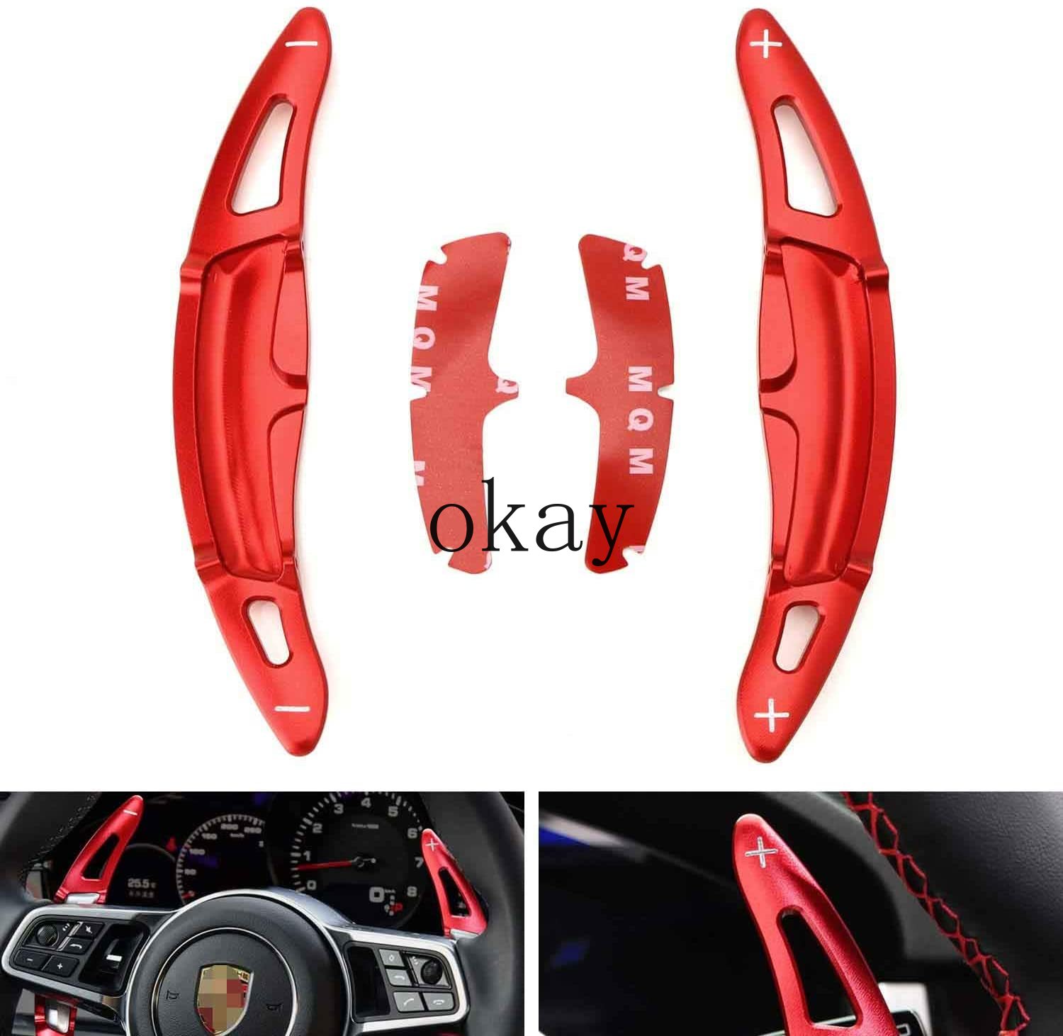 

Red Aluminum Steering Wheel Paddle Shifter Extension Covers Compatible for Porsche Cayenne Macan Panamera 911 Cayman Boxster 718