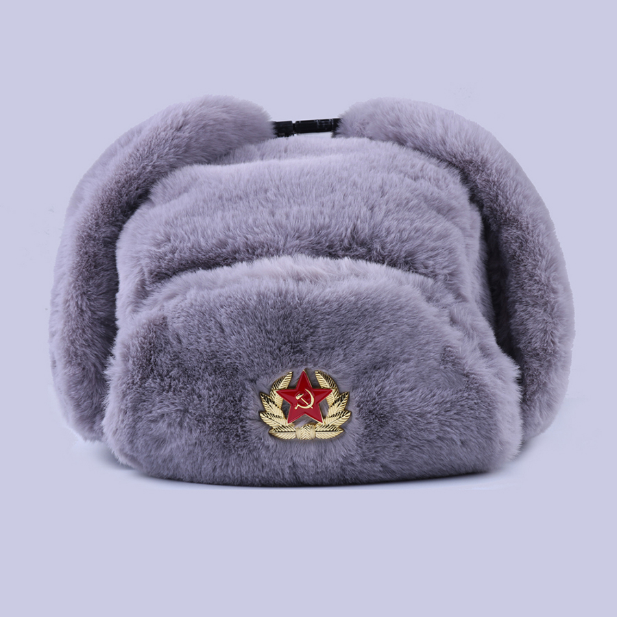 

Soviet Badge Ushanka Russian Men Women Winter Hats Faux Rabbit Fur Army Military Bomber Hat Cossack Trapper Earflap Snow Ski Cap, Beige