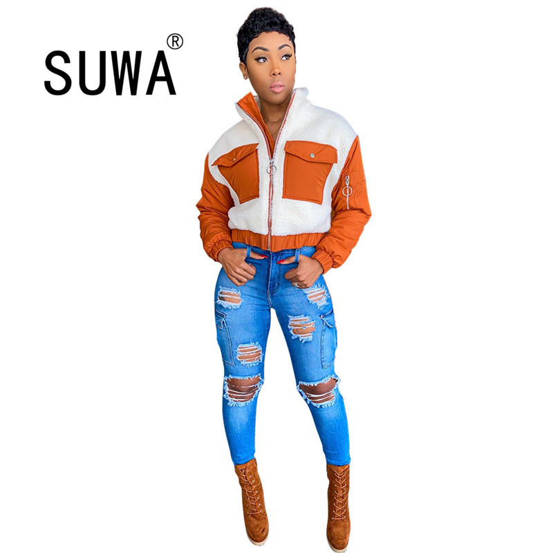 

Long Sleeve Fleece Cropped Jackets Autumn Winter Zipper Pockets Plush Soft Coat Color Block Furry Outerwear Loose BF Style 210525, Army green