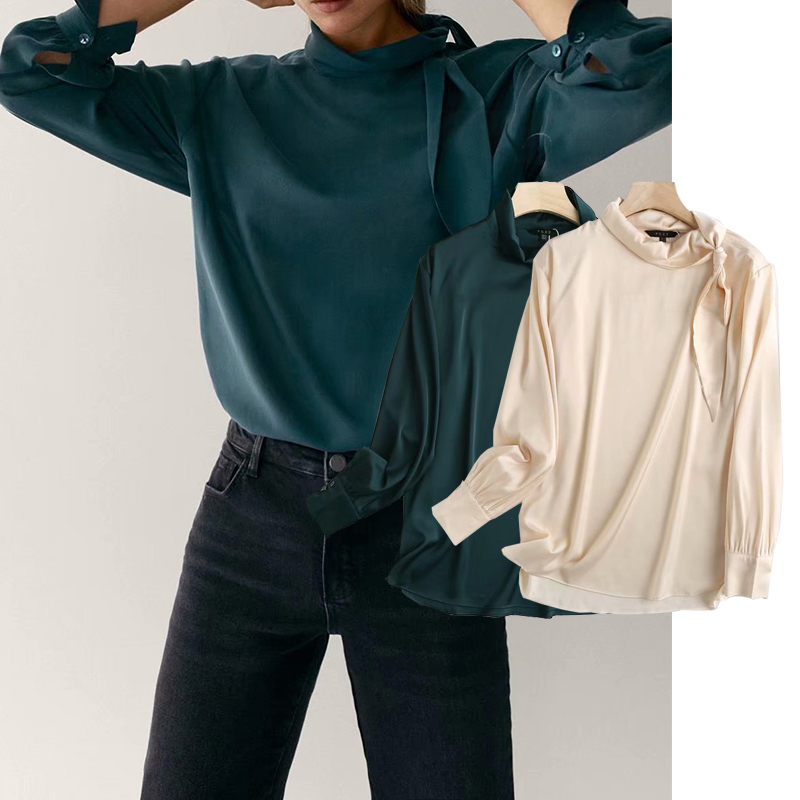 

Women's Blouses & Shirts New Fashion Women Lace up collar chiffon shirt Single breasted Long Sleeve Chiffon Shirt Casual Loose Top