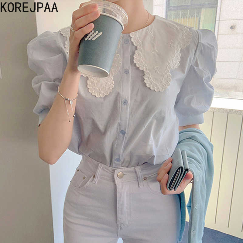 

Korejpaa Women Shirt Summer Korean Chic Gentle Soft Blue Embroidery Large Lapel Single-Breasted Loose Puff Sleeve Blouses 210526