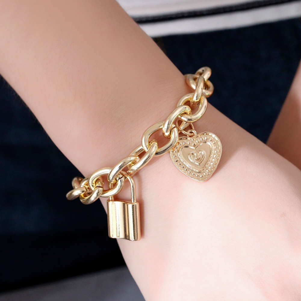 

Fashion exaggeration Bracelet punk hip hop thick chain lock non mainstream lovers hand accessories, Golden;silver