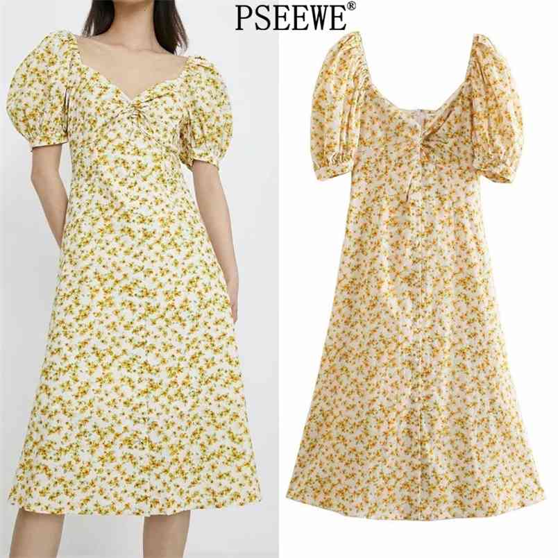 

Dress Yellow Floral Midi Women Summer Fashion Button Knot Cottagecore Short Puff Sleeve Long Woman es 210519