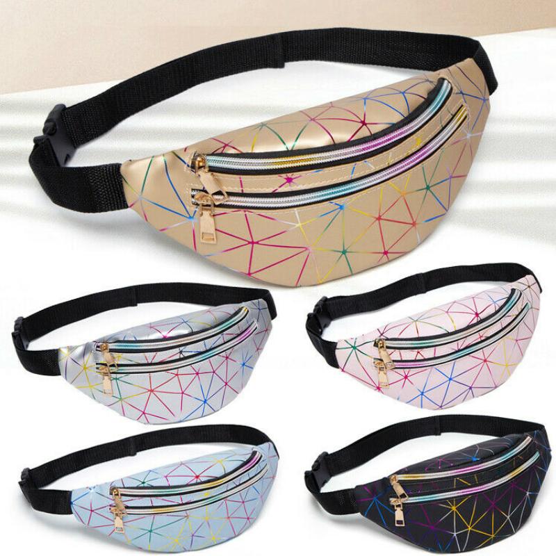 

Waist Bags 2021 Women's Hip Hop Bag Colorful Flash PU Leather Fanny Pack Portable Pochete Chest, Black