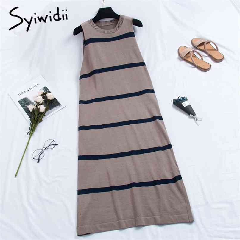 

Striped Knitted Tank Dresses Women High Waist Sleeveless Screw Thread A-line Summer Korean Fashion Clothing 210607, Khaki