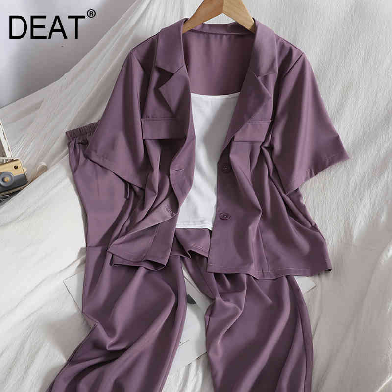 

Spring Summer Fashion Short Sleeve Blazer Coat + Lace Up High Waist Harem Pants Suspender Three Piece Set SK066 210525, Purple