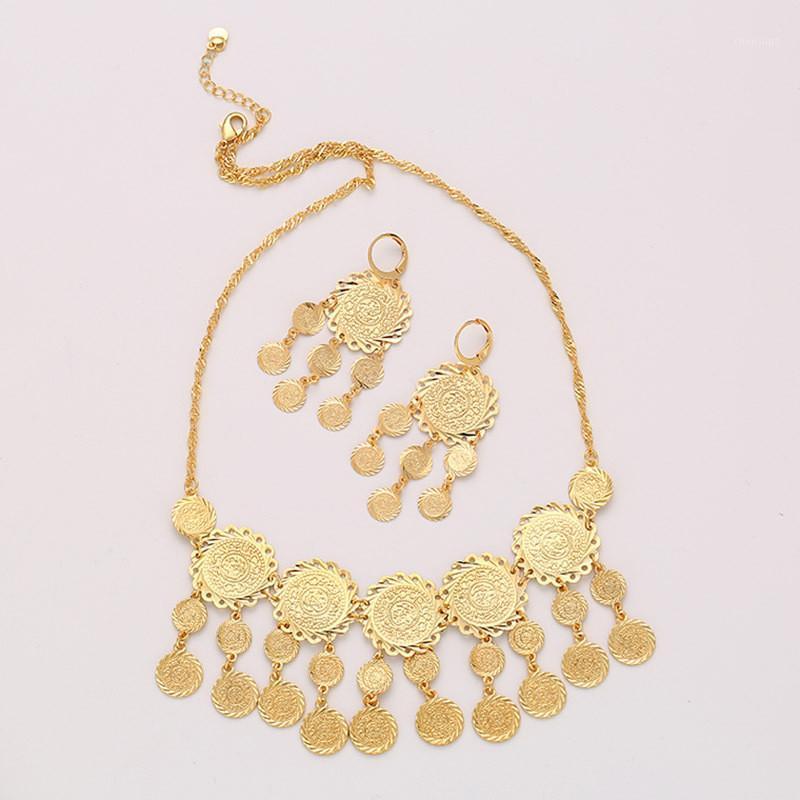 Earrings & Necklace Ethnic Style Ancient Coin Jewelry Set Gold Color Round Women Engagement Gift Copper Bijoux Femme Jewish-image-745067755