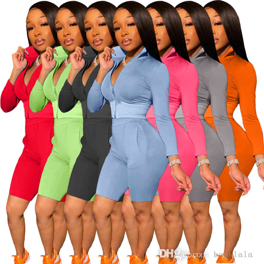 

Women Long Sleeve Tracksuits Leisure Sports Two Piece Set Solid Colour Zipper Shorts Outfits With Pocket Ladies Summer And Autumn Sportwear, Orange-5