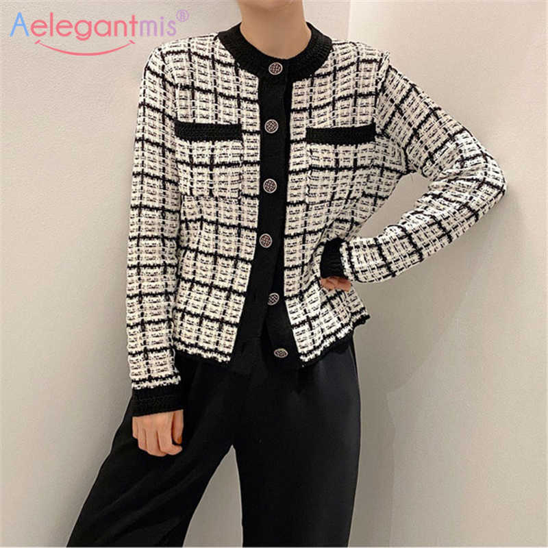 

Aelegantmis Button Elegant Women Tweed Knittd Sweater Cardigan Korean Fashion Soft Warm Fenmale Color Patchwork O Neck 210607, Black