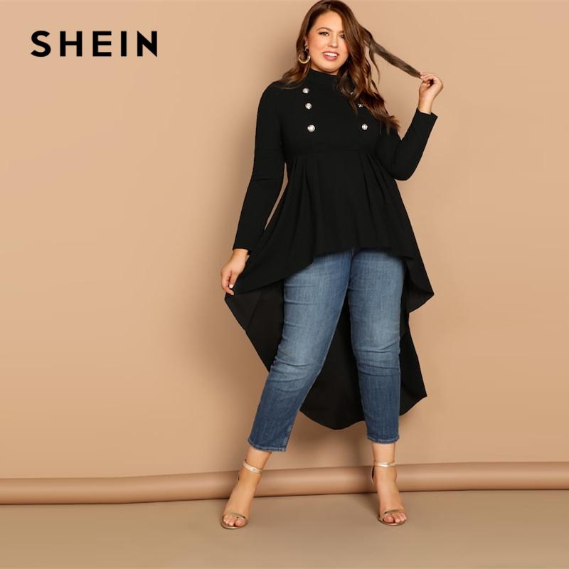 

Women's Blouses & Shirts SHEIN Mock-neck Dip Hem Stand Collar Double Button Plain Top Plus Size Black Blouse Women 2021 Spring Casual