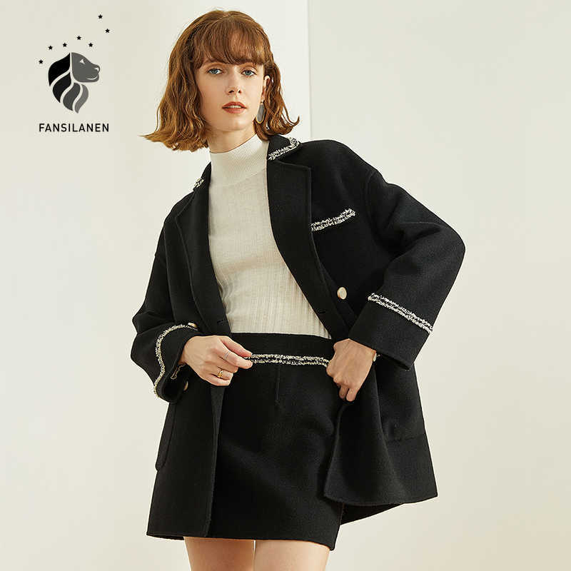 

FANSILANEN Black casual 100% wool two piece set Women elegant high waist skirt and top Autumn winter matching suit s 210607