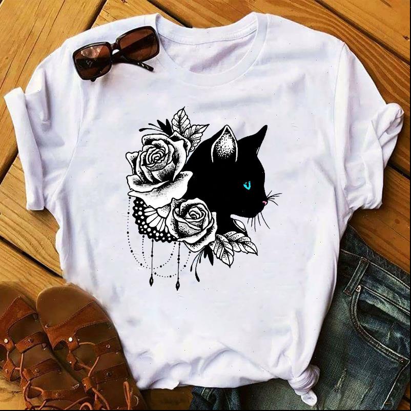 

women womens t shirt cat lover cool flower animal print pet lady clothing ladies graphic female tee, White