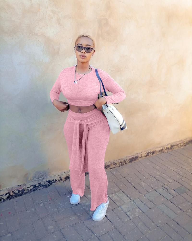 

Women's Two Piece Pants Women Tracksuit Casual Knitted Sport Solid Matching Set Long Sleeve Crop Top+Bandage Lace Up Outfits Streetwear, White