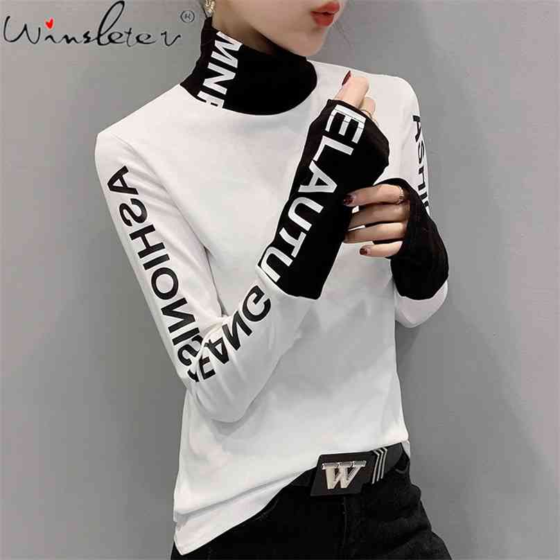 

Fall Winter European Clothes Tshirt Chic Patchwork Letter Thick Broshed Long Sleeve Brushed Cotton Tops Tees T00514A 210720, Black t-shirt
