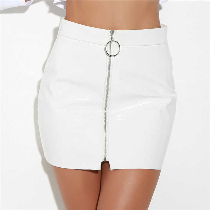 Waist Glossy Short High Faux Pu Leather Mini Skirt Party Sexy Zipper Ring Punk White Black Bandage Skirt Women Pencil Skirts-image-744424299