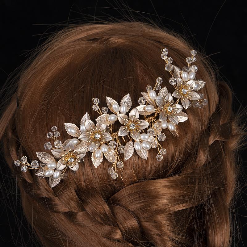 

Headpieces Vintage Gold Wedding Hair Accessories Pearls Crystal Combs For Bride Women Clips Head Jewelry Leaf Gifts Party