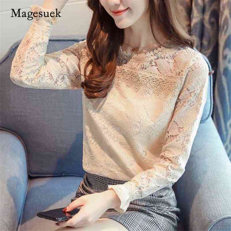 

Puff Sleeve Round Collar Long Sleeves Slim Lace Women Blouses Solid Sweet Clothing Blusas Mujer De Moda C900 210518, Apricot