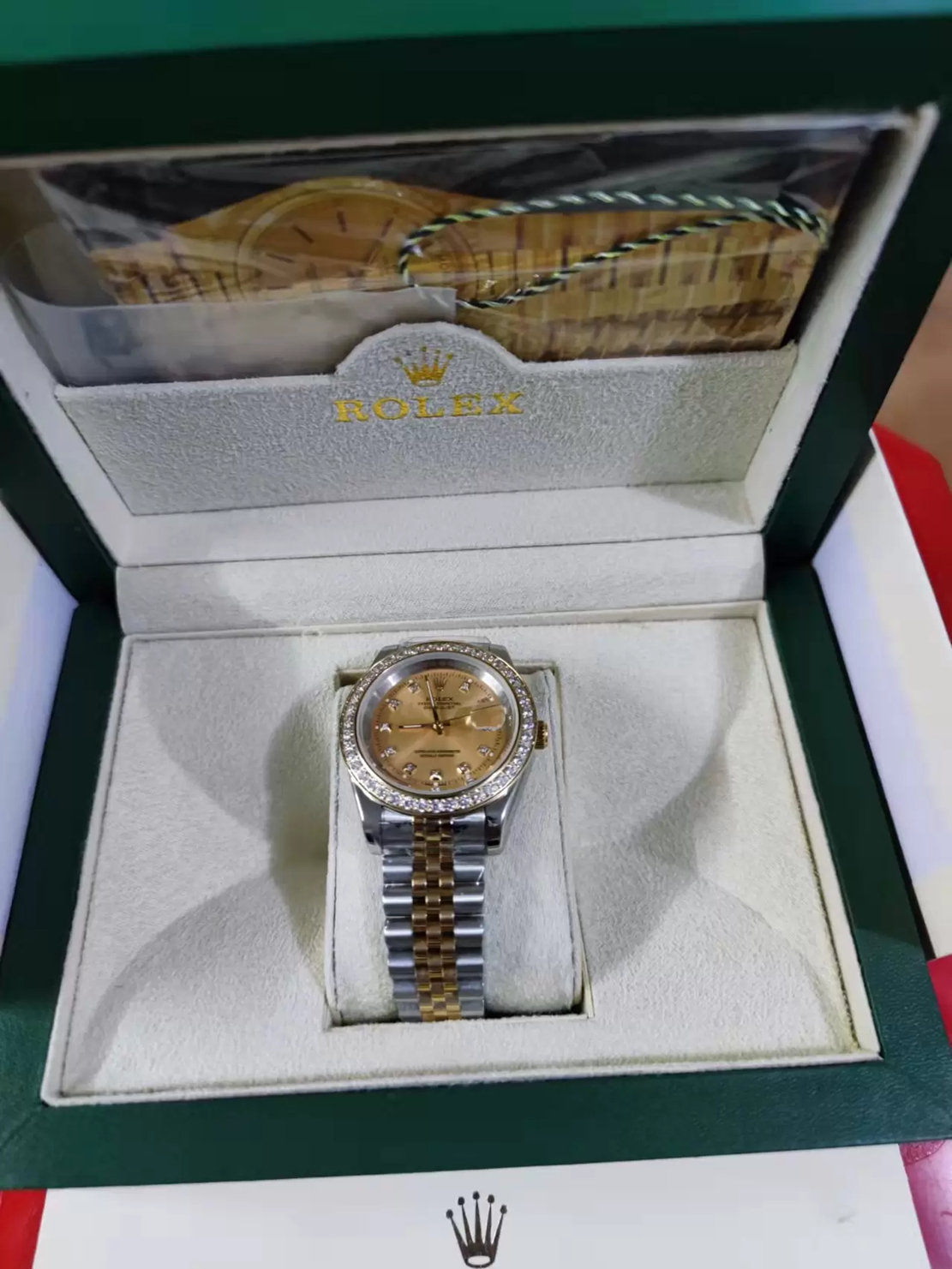 

Original box certificate 18k Gold President Male Watches Day Date Diamonds gold dial Watch Men Stainless Diamond Bezel Automatic WristWatch 23213, Style 1 original box + watch