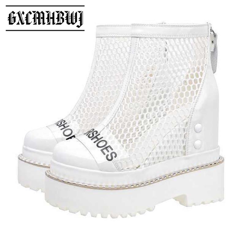 

Boots GXCMHBWJ Punk Goth Black Mesh Breathable Summer Women Ankle Height Increasing Hollow Out Back Zip High Platform Lady