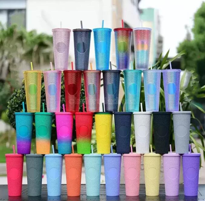 

US STOCK Diamond Tumbler Radiant Goddess Starbucks Cup With LOGO 710ml Cold Water Cups With Straw Double Layer Plastic Durian Coffee Mug C0122