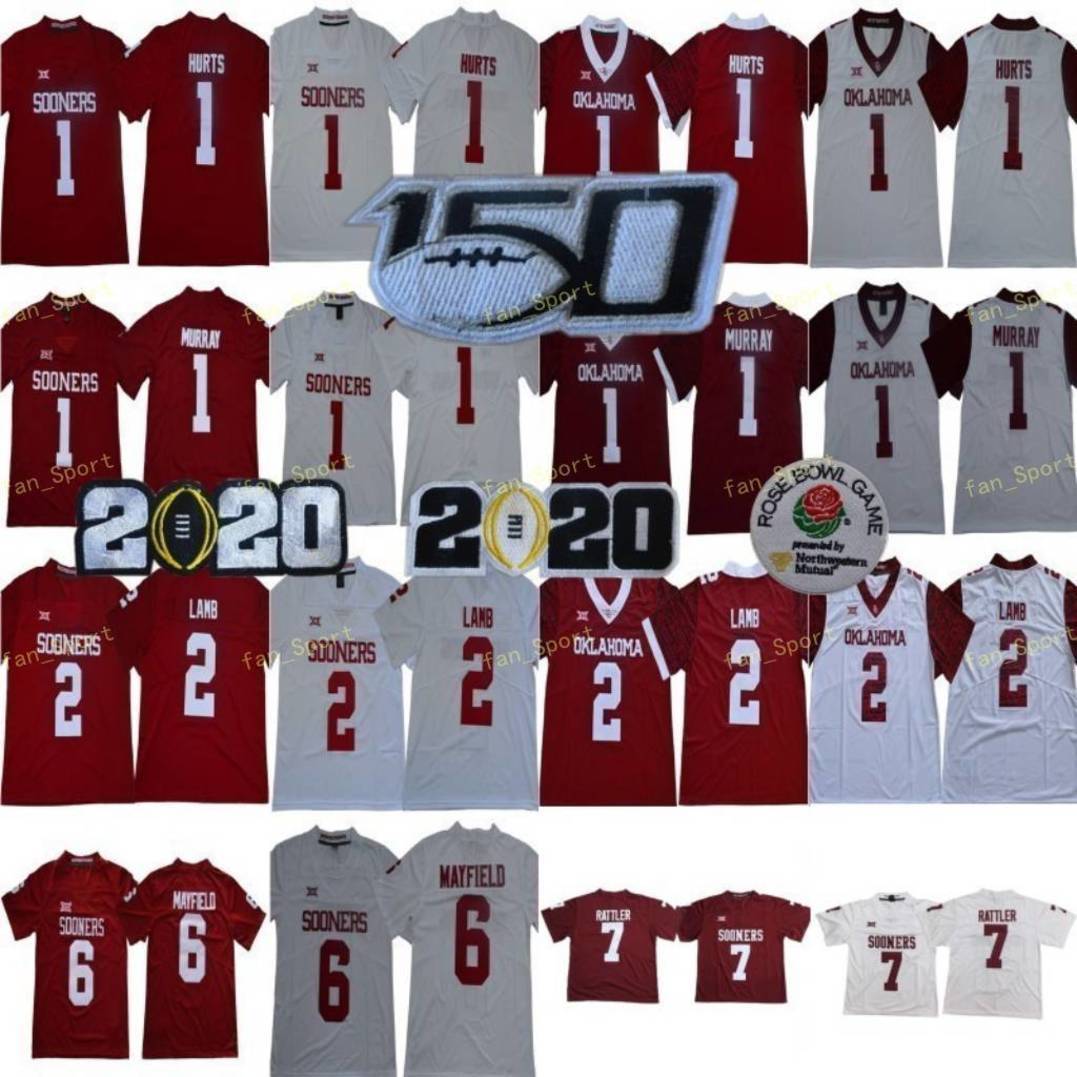 

NCAA Oklahoma Sooners 7 Spencer Rattler College 2 CeeDee Lamb 1 Kyler Murray 6 Baker Mayfield 1 Jalen Hurts Men 2020 Peach Bowl 150th Football Jerseys, As