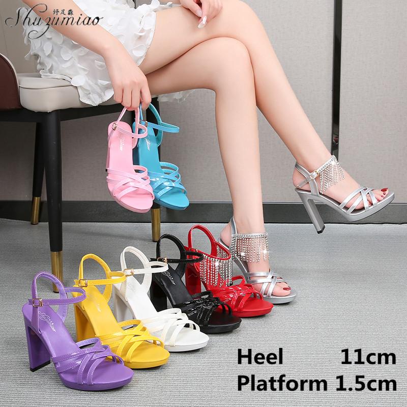 

Sandals Patent Leather Sweet Fringe Rhinestone Square Heel Women's Shoes Sexy 11CM Super High Word With Pole Dancing, Black