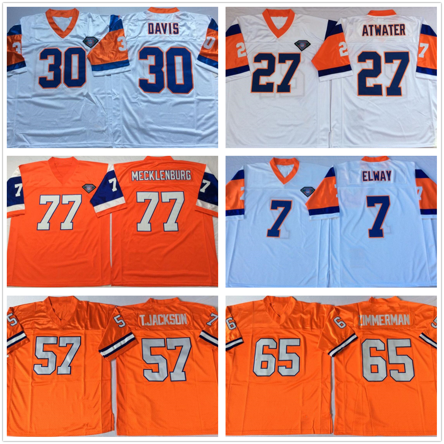 

NCAA Vintage Football wear 84 sharpe 7 ELWAY 49 d.smith 77 mecklenburg 30 davis 27 atwater 65 zimmerman 57 t.jackson mens jersey, White