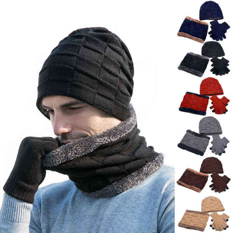 

3pcs Men Women Beanie Hat + Gloves Scarf Neck Warmer Winter Knit Sets Fashion