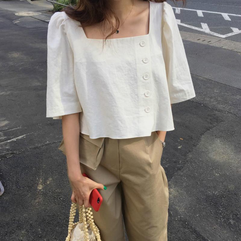 

womens blouses summer cotton linen ladies straight shirt side buttons blusas haut femme bluzki damskie camiseta mujer, White
