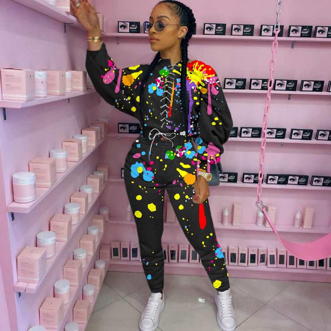 

Graffiti Tracksuits Two Piece Set Long Sleeve lace-up Top and Sweatpants Outfits for Women Clothes Matching Sets 2XL, Red