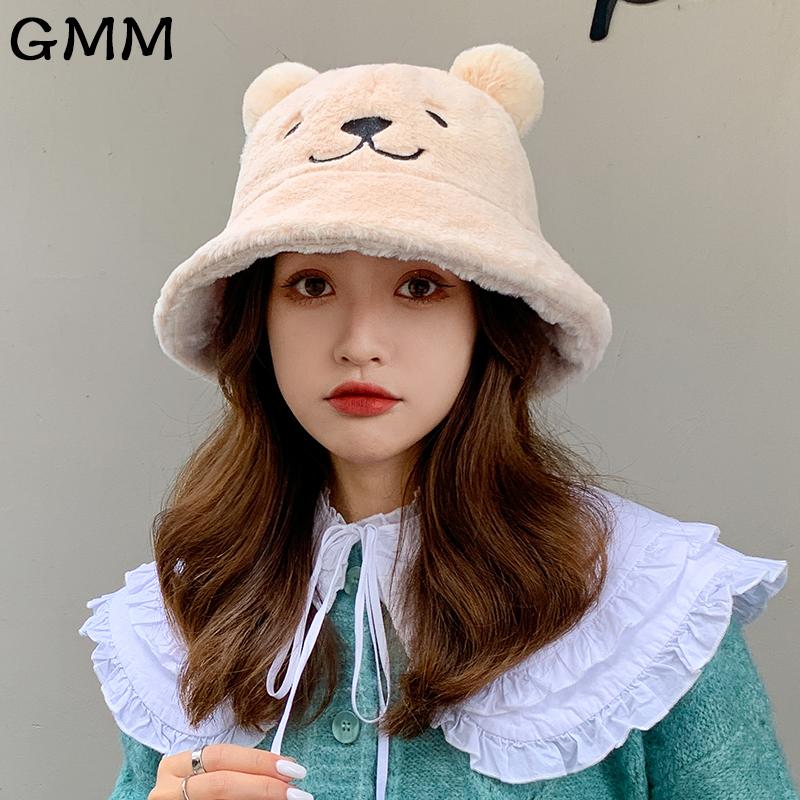 

Wide Brim Hats Cute Cartoon Bear Ear Plush Faux Fur Bucket Hat Autumn Winter For Women Thick Warm Panama Fisherman Caps Designer Girl Cap, Beige