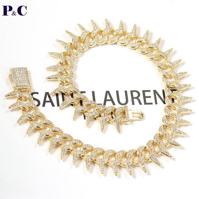 

Barbed Cuban Link Men's Chain Zircon Hip Hop Necklace Choker Iced Rock Jewelry Heavy Miami Copper Gold Color Chains