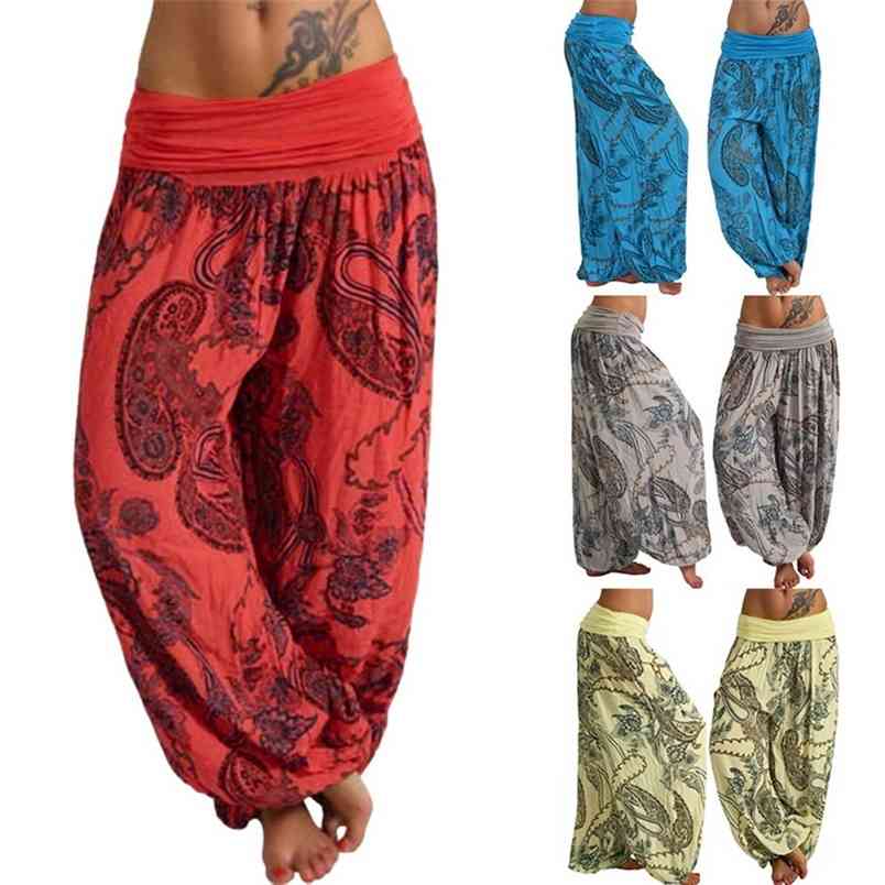 

Femme Beach Sports Lantern Pants Bohemian Harem Thailand Ethnic Vintage Print Loose High Elastic Bloomers Fitness Trousers 210604