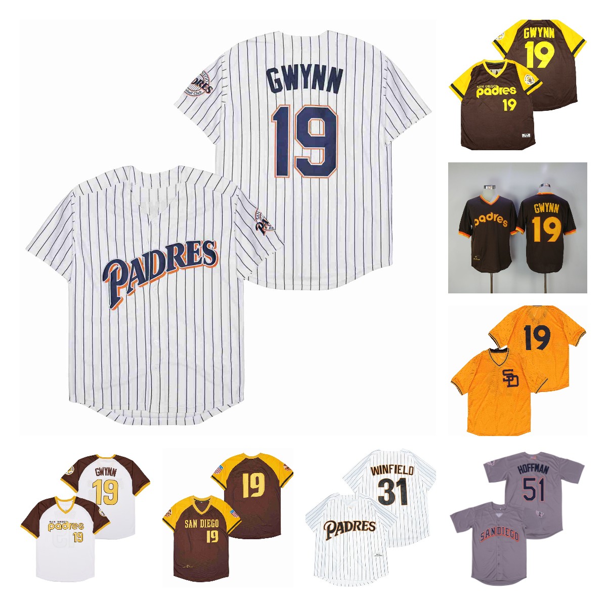 

19 Tony Gwynn Jersey 31 Dave Winfield 51 Trevor Hoffman Vintage 1946 1978 1982 Baseball Home Away Green Brown Grey White Pullover Button, 31 white 1978