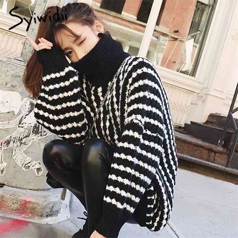 

turtleneck sweaters women pullover winter clothes fashion stretch korean top striped shirt knit sweater 210607, Black
