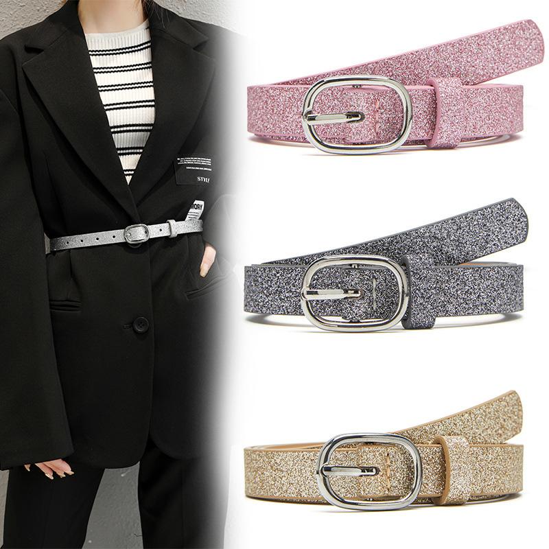 

Belts Fashion Leather Belt For Women Shiny Sequins Oval Buckle Waist Strap Designer Female Jeans Dress Trouser Decorative Waistband, Black