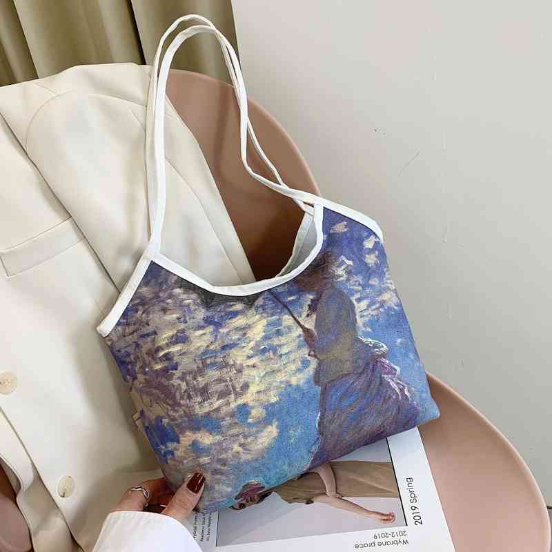 

Oil painting print canvas women 2021 spring and summer new hand one shoulder large capacity bucket bag, Red
