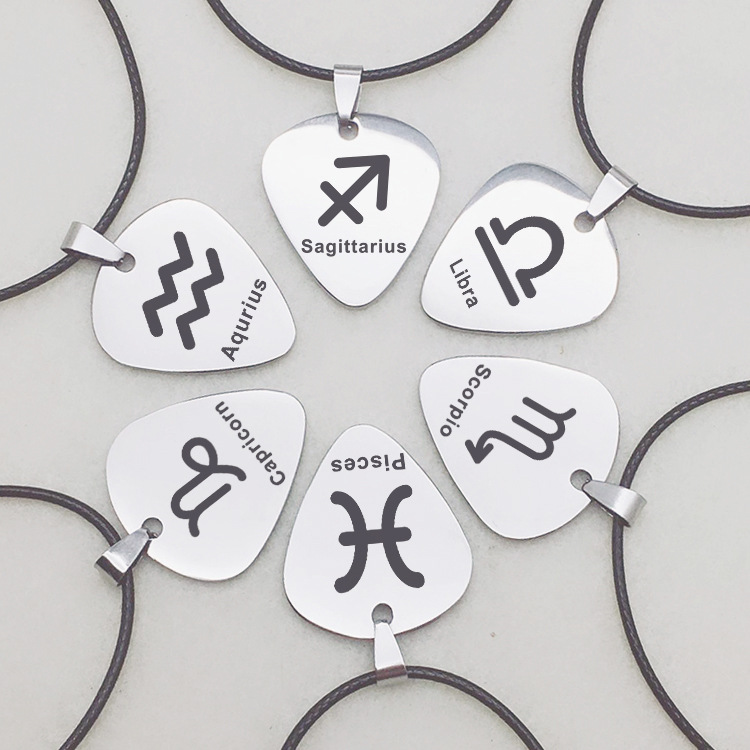 

12 Constellation Guitar Pick Necklace European and American fashion Jewelry Gift Stainless Steel Leather Cord Pendant Couple DIY Customized Wholesale, Silver