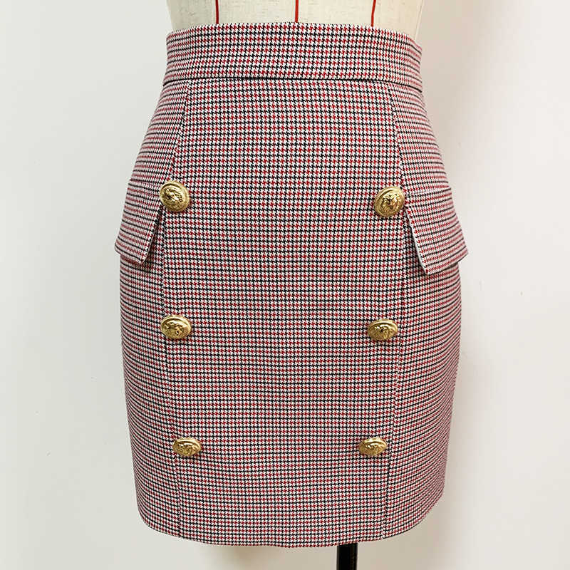 

HIGH QUALITY est Fashion Designer Skirt Women' Lion Buttons Plaid Houndstooth Mini 210526, Beige