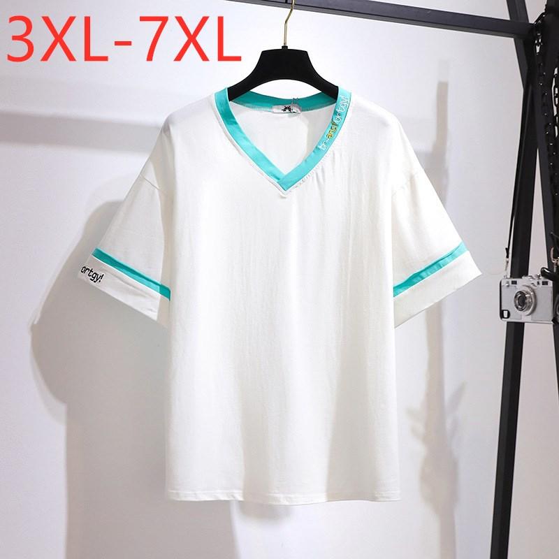

6XL 7XL Plus Size 2021 Ladies Summer Tops For Women Large Short Sleeve Loose Cotton White Black V-neck T-shirt Women's