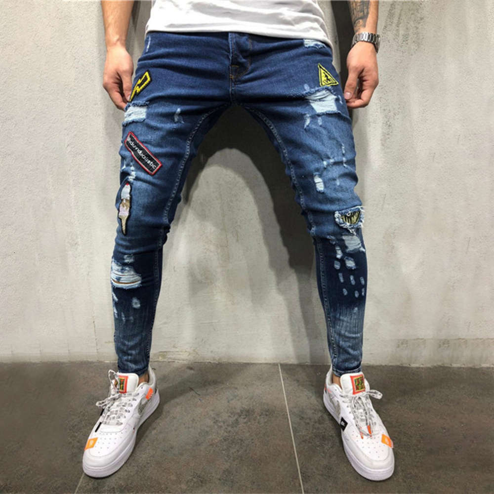 

summer Holes have badges embroidered labeling youth fashion trend jeans 2020 new fashion hip hop jeans, Blue