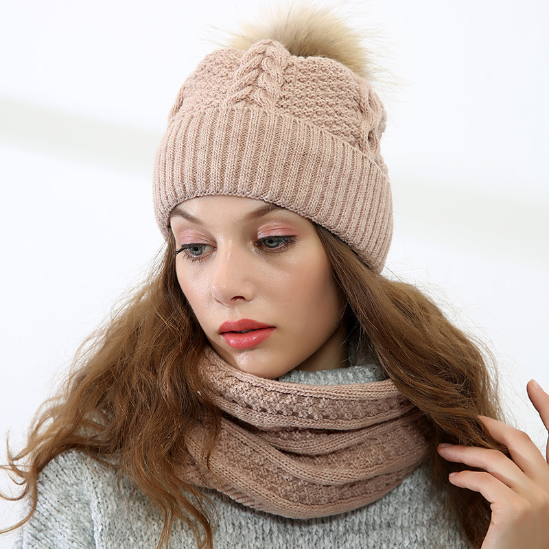 

Knitted Warm Wool Ball Hats Women Beanie Autumn Winter New Bib Two Piece Suit Womans Outdoor Hight-quality Design Hat, Multi