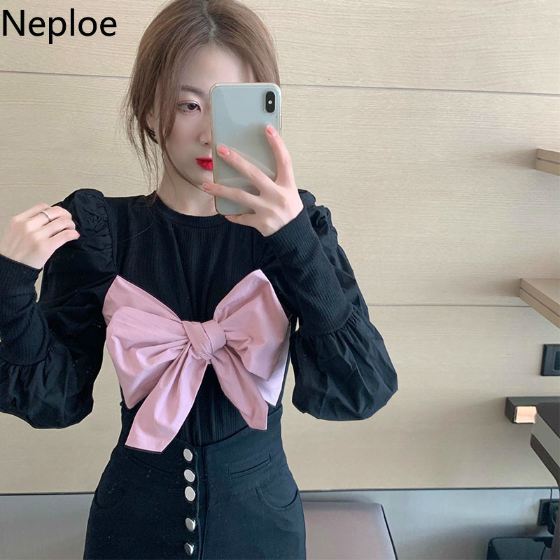 Neploe Blouse Women Fashion Lace Up Bow Black Shirt Sweet Puff Sleeve Patchwork Short Blouses Blusas Mujer De Moda 4G043 210422