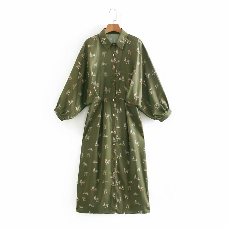 

Spring Casual Floral Puff Sleeve Turn Down Collar Shirt Dress Women Fashion Mid Calf Elegant Party Street NX2119 210525, Army green