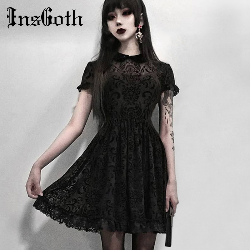 

InsGoth Vintage Lace Gothic Dress Women Party Sexy Hollow Out Black Mini Short Sleeve Dresses Harajuku Casual Female Mesh Dress