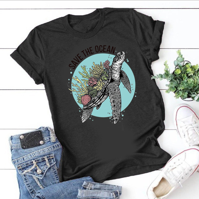 

Women's T-Shirt SAVE THE OCEAN Letter Sea Turtle Growing Coral Print shirt Women Cute Graphic Tshirts Causal Harajuku Vintage Ladies, 1#